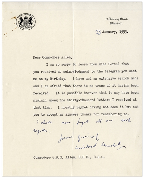 Winston Churchill Letter Signed as Prime Minister With Additional Autograph Note -- Churchill Pens a Humorous Letter Referring to the 30,000 Letters He Received on His Birthday